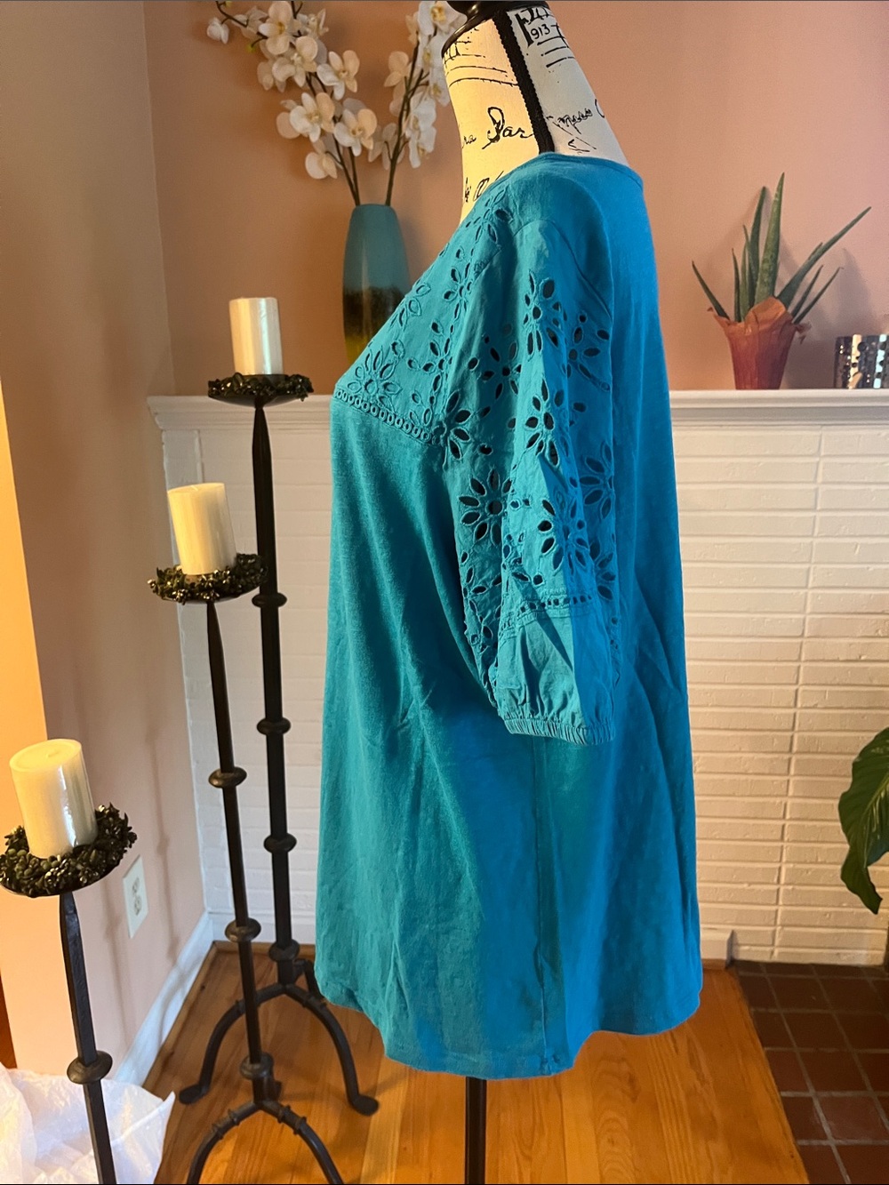 Talbots Teal Eyelet Scoop Neck Tee Shirt - Picture 5 of 6